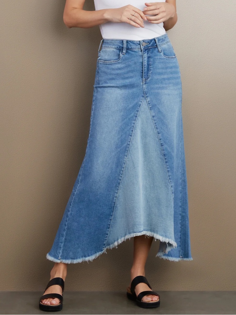 Wash Lab Selma Pieced Panel Denim Mid Rise Frayed Hem Maxi Skirt, 34